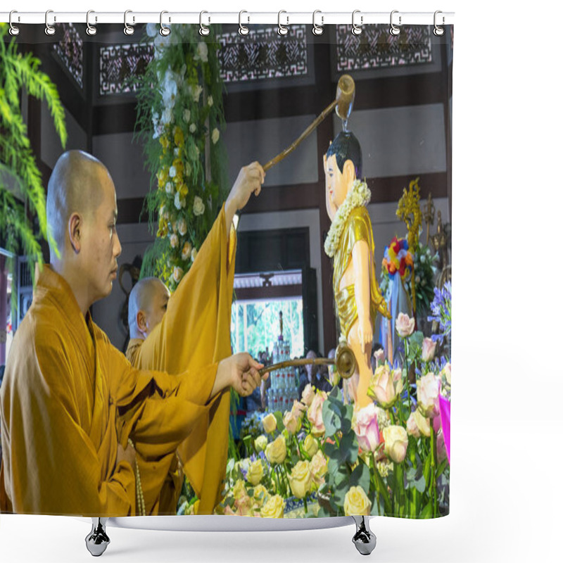 Personality  Ho Chi Minh City, Vietnam - May 29, 2018: Group Of Vietnamese Buddhists Monks Bath Buddha Statue Purify Body And Spirit In Buddha Birthday Celebration At Pagoda In Ho Chi Minh City, Vietnam Shower Curtains