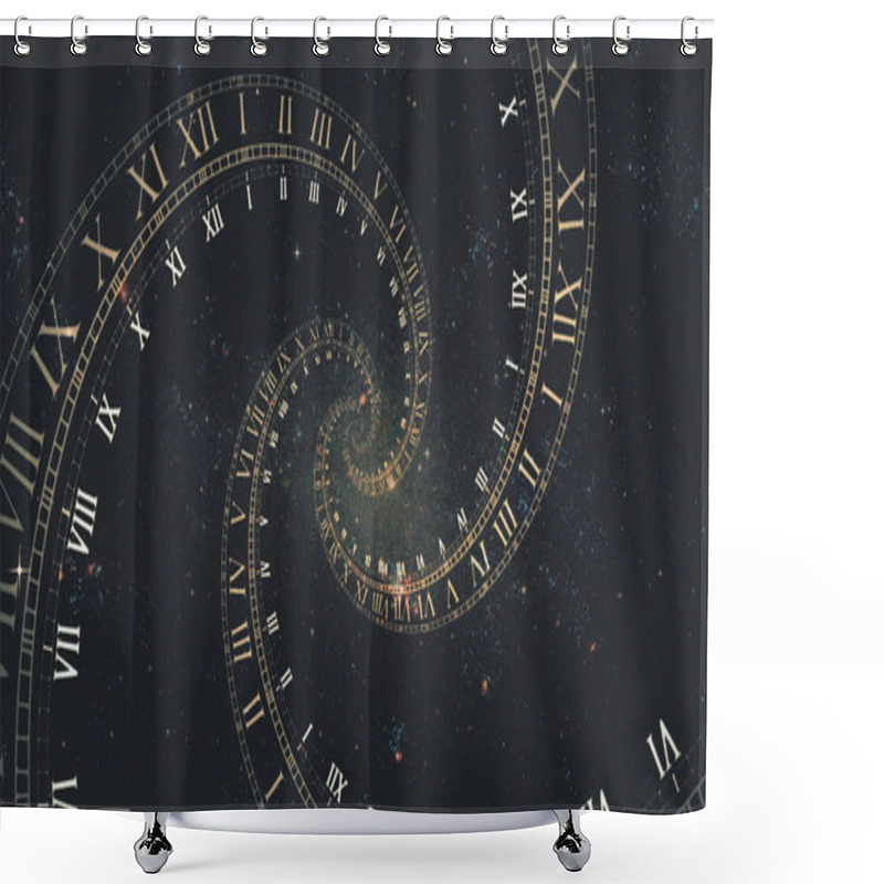 Personality  The Composition Of The Space Of Time, The Flight In Space In A Spiral Of Roman Clocks 3d Illustration Shower Curtains