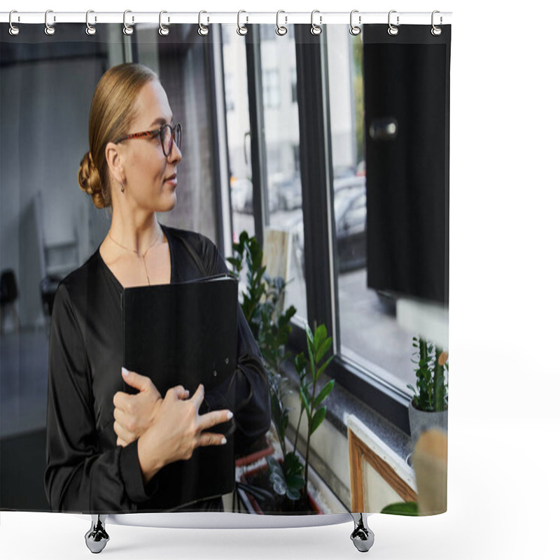 Personality  A Confident Young Woman Reflects Thoughtfully While Holding A Folder In Her Office Workspace. Shower Curtains