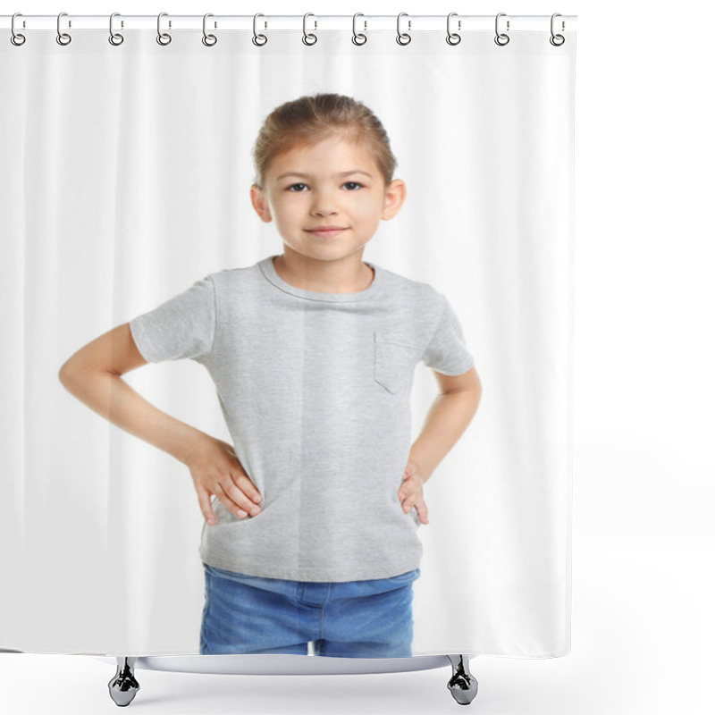 Personality  Little Girl In T-shirt On White Background. Mockup For Design Shower Curtains