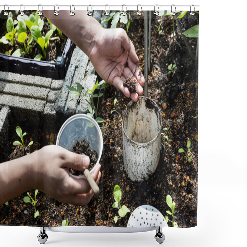 Personality  Hand Feeding Red Wrigglers Earthworms Into Worm Tower For Vermicomposting Shower Curtains