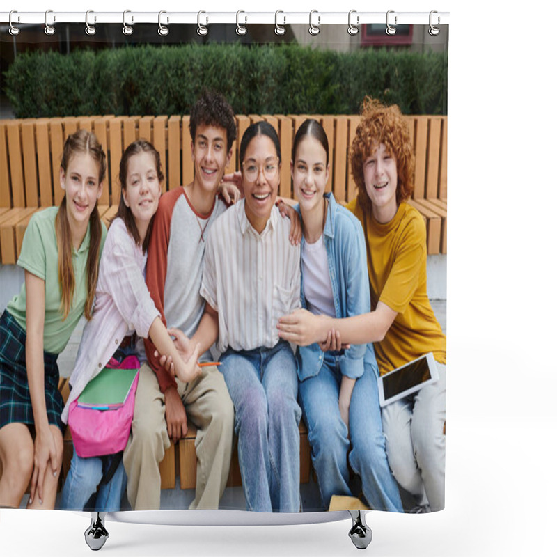 Personality  Back To School, Happy Teen Students Holding Hands With African American Teacher, Diversity, Study Shower Curtains