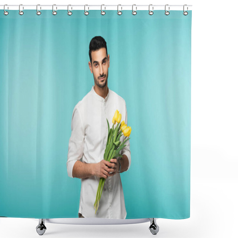 Personality  Arabian Man With Yellow Tulips Looking At Camera Isolated On Blue  Shower Curtains