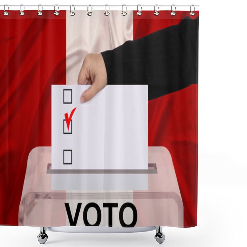 Personality  Female Voter Lowers The Ballot In A Transparent Ballot Box Against The Background Of The National Flag Of Peru, Vote In Spanish, Concept Of State Elections, Referendum Shower Curtains