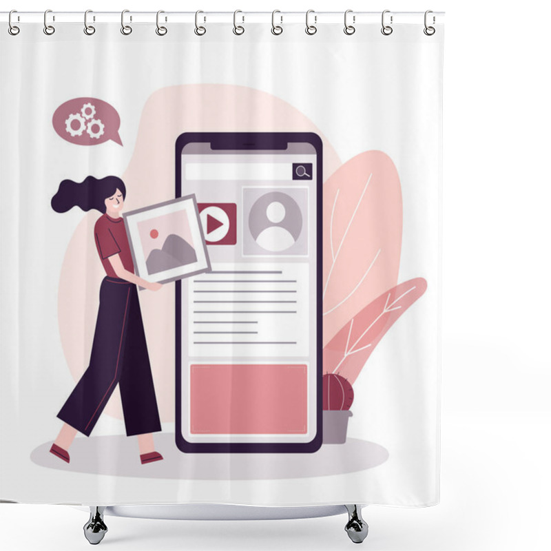 Personality  User Girl Holding Picture And Change Personal Smartphone Settings. Female Character Adjusts Profile In Mobile Phone. Customization App Settings. Website User Interface. Flat Vector Illustration Shower Curtains