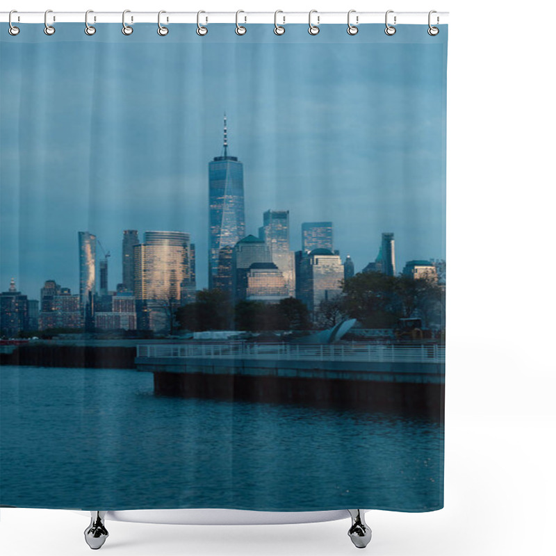 Personality  Scenic Cityscape With Manhattan Skyscrapers And Pier On Hudson River In Dusk Shower Curtains