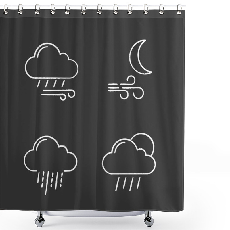 Personality  Weather Forecast Chalk Icons Set. Windy Rainy Weather, Wind At Night, Heavy Rain, Scattered Shower. Isolated Vector Chalkboard Illustrations Shower Curtains