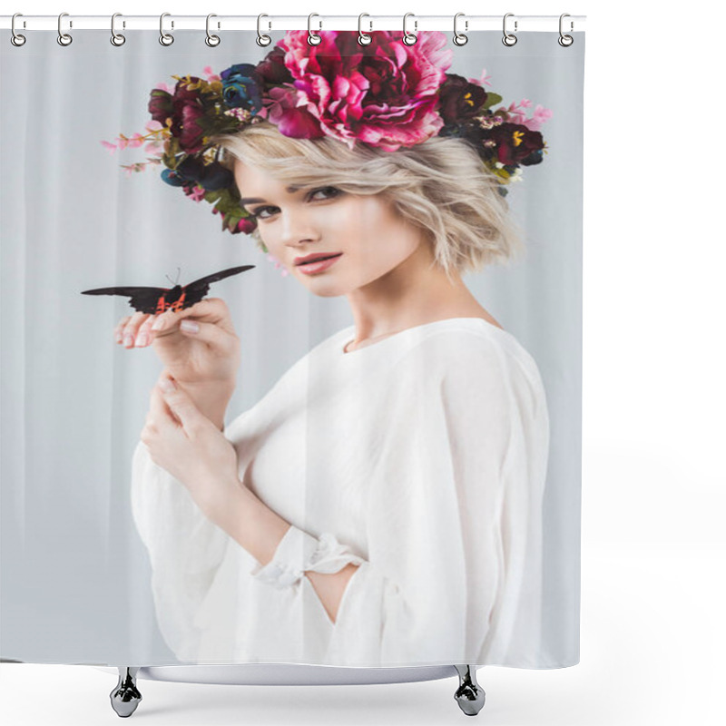 Personality  Beautiful Girl Posing In Wreath With Butterfly On Hands, Isolated On Grey Shower Curtains