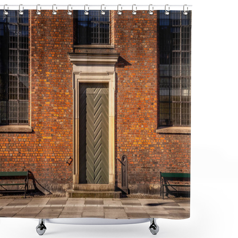 Personality  Empty Benches And Building With Large Windows And Closed Door On Street In Copenhagen, Denmark Shower Curtains