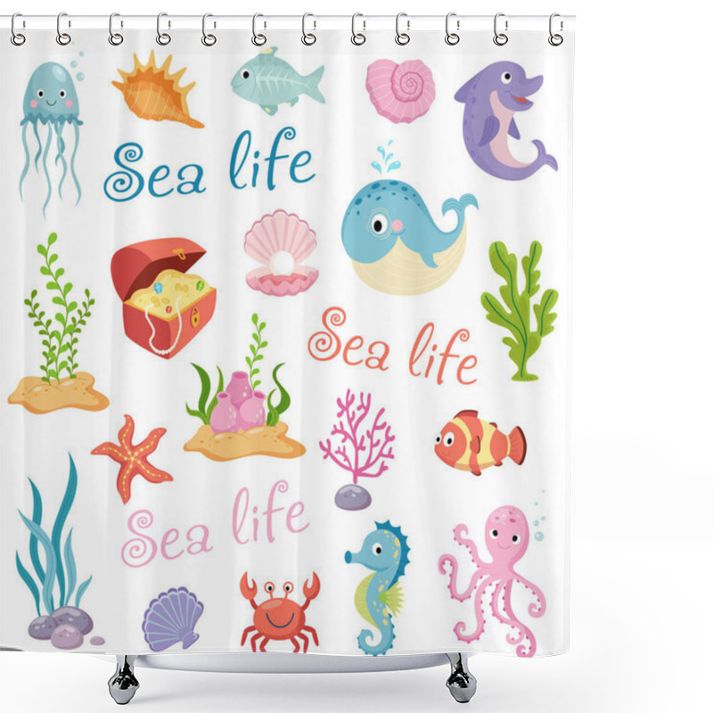 Personality  Cute Sea Life Creatures Cartoon Animals Set On White Background Vector Illustration Shower Curtains