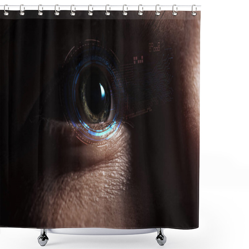 Personality  Close Up View Of Human Eye With Data Illustration In Darkness, Robotic Concept Shower Curtains