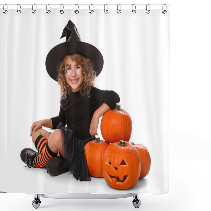 Personality  Cute Little Girl Wearing Halloween Costume And Pumpkins On White Background Shower Curtains