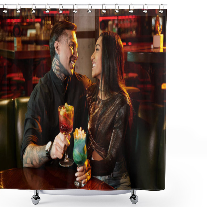 Personality  Tattooed Couple Shares Laughs And Cocktails During A Lively Evening At A Bustling Bar. Shower Curtains