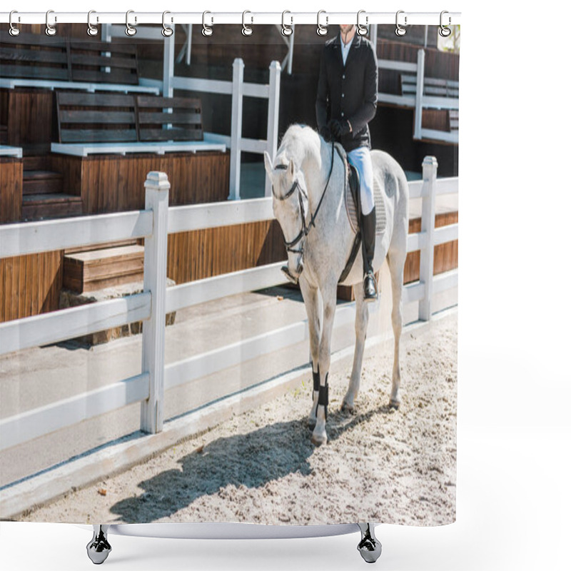 Personality  Cropped Image Of Male Equestrian Riding Horse At Horse Club Shower Curtains