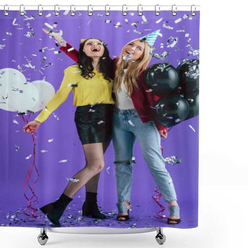 Personality  Attractive Girls With Balloons Laughing Under Confetti On Purple Background Shower Curtains