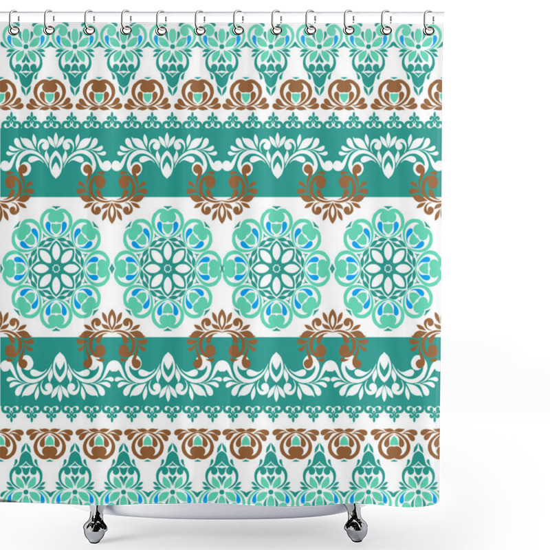 Personality  Fantastic Turquoise Floral Ornament With Paisley. Set Of Lace Bohemian Seamless Borders. Decorative Ornament Backdrop For Fabric, Textile, Wrapping Paper. Shower Curtains