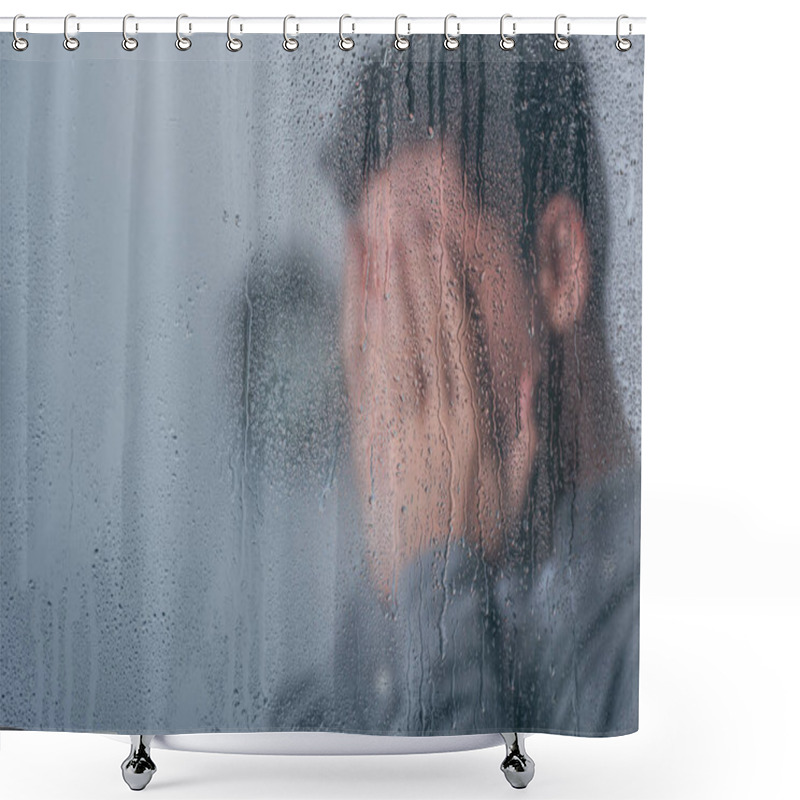 Personality  Selective Focus Of Raindrops On Window With Man Covering Face And Crying On Background Shower Curtains