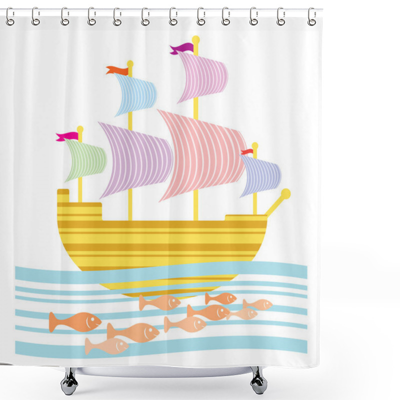 Personality  Vector Sailing Ship & Fishes Shower Curtains