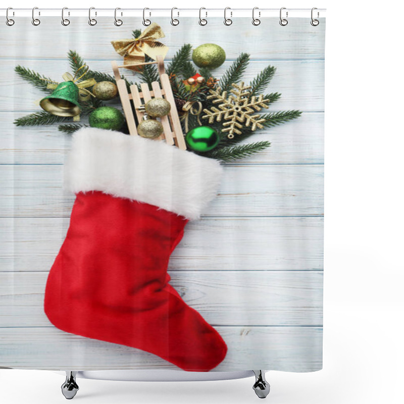 Personality  Red Stocking With Fir-tree Branches And Christmas Decorations On Wooden Table Shower Curtains