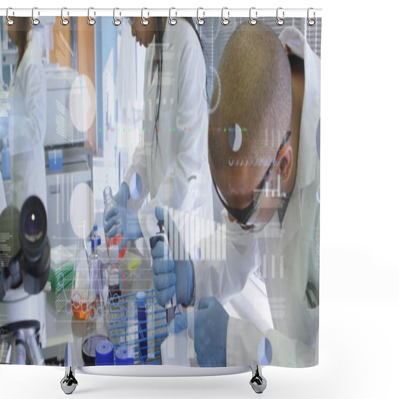 Personality  Image Of Financial Data Processing Over Diverse Scientists Working In Lab. Global Science, Finances And Digital Interface Concept Digitally Generated Image. Shower Curtains