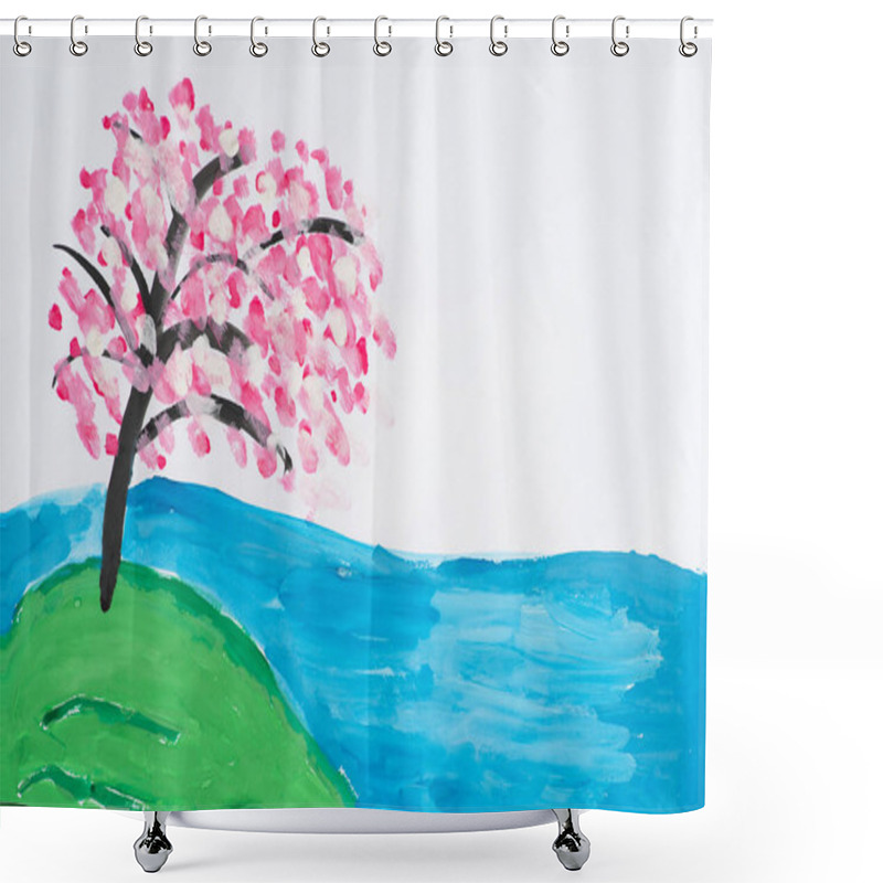 Personality  Child's Drawing Of Sakura On The River Bank. Spring Landscape With A Flowering Tree And A Lake In An Abstract. Watercolor Painting. Shower Curtains