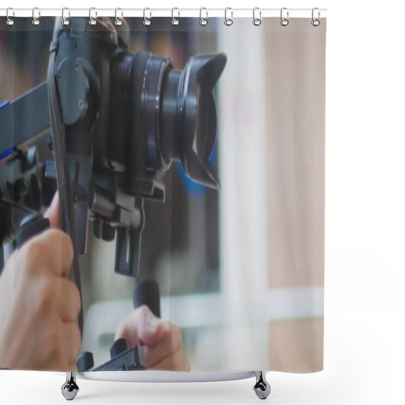 Personality  Operator With Steadicam Recording Video. Professional Photo Video Equipment Shower Curtains