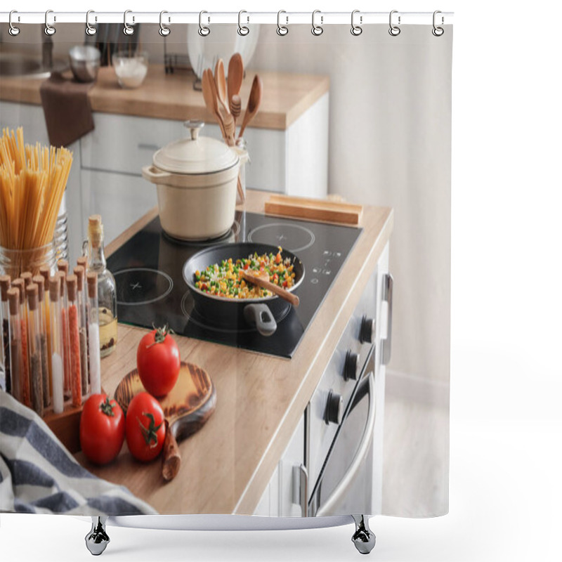 Personality  Modern electric stove and utensils in kitchen shower curtains