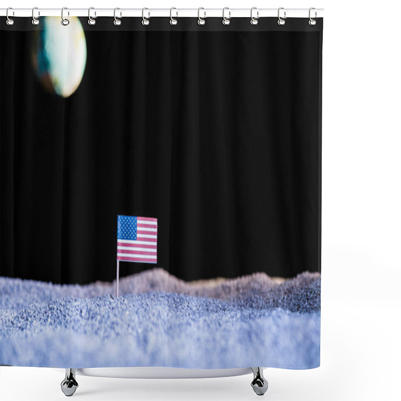 Personality  Sandy Ground With American Flag And Blurred Planet Earth In Space Isolated On Black Shower Curtains