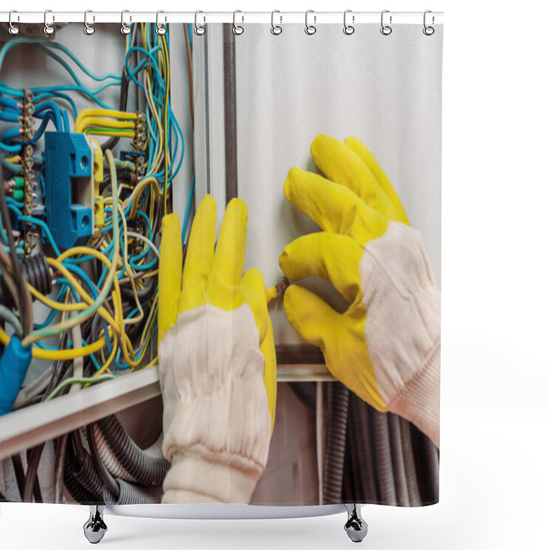 Personality  Cropped View Of Electrician In Gloves Holding Wire Near Electric Panel Shower Curtains