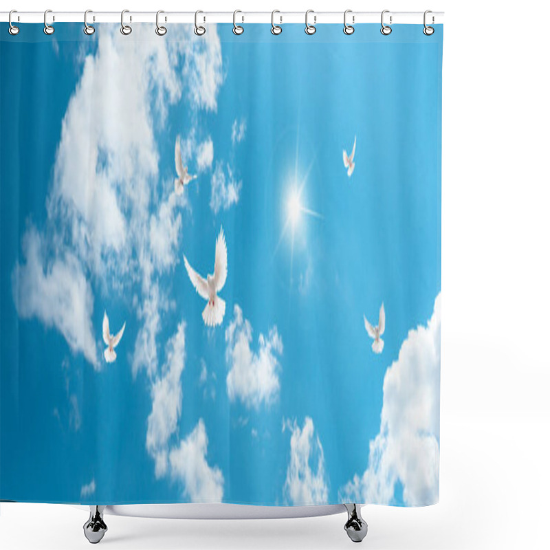 Personality  Shining Sun In The Beautiful Blue Sky And White Doves Flying Among The Clouds. 3D Ceiling Decoration Image. Shower Curtains