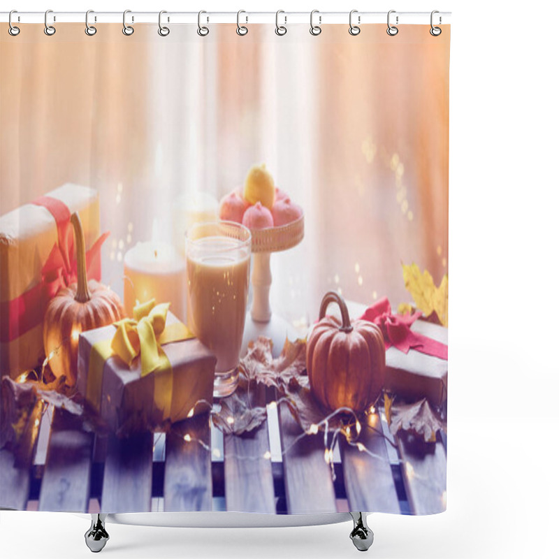 Personality  Cup Of Coffee, Pumpkin, Gifts And Candles Shower Curtains