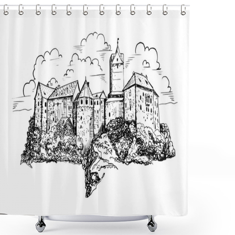 Personality  Czech Castle Sketch Illustration. Hand Drawn Ink Landscape With Ancient Architecture In Europe. Building Graphic Shower Curtains