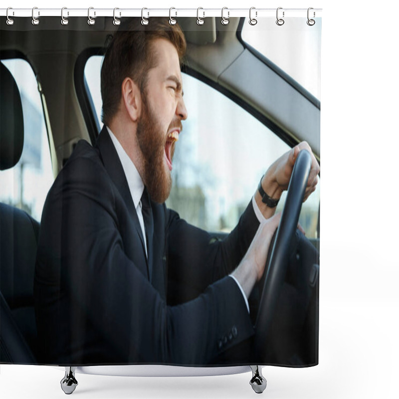 Personality  Side View Of Screaming Business Man Driving And Beeps Shower Curtains