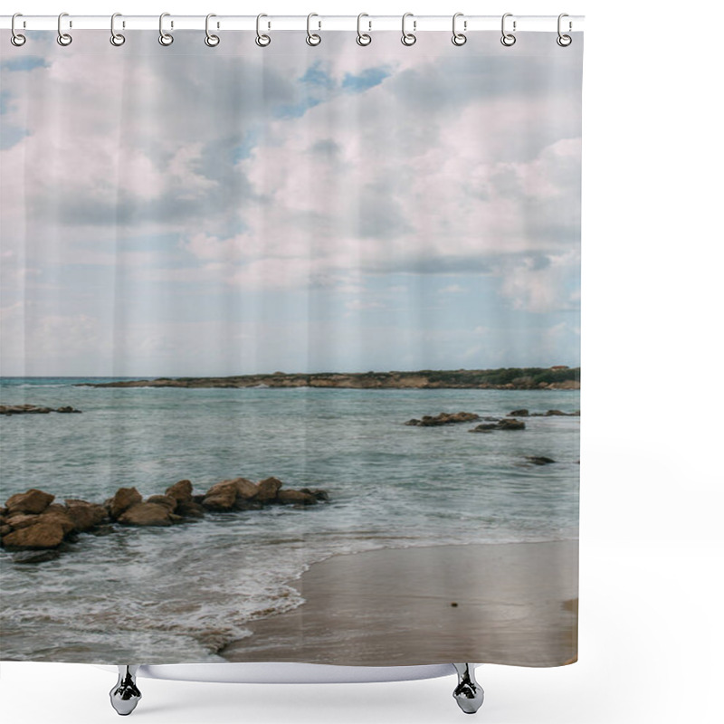 Personality  Bay With Rocks Near Mediterranean Sea Against Blue Sky With Clouds  Shower Curtains