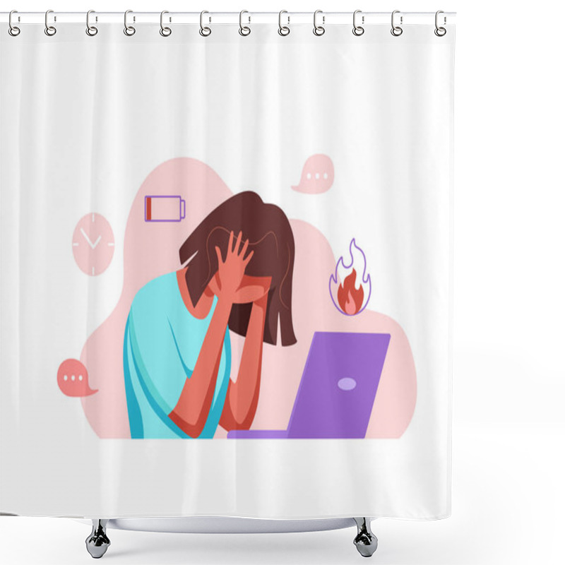 Personality  Professional Burnout Syndrome Exhausted Woman Tired Sitting At Her Workplace In Office Holding Her Head Vector Illustration Shower Curtains