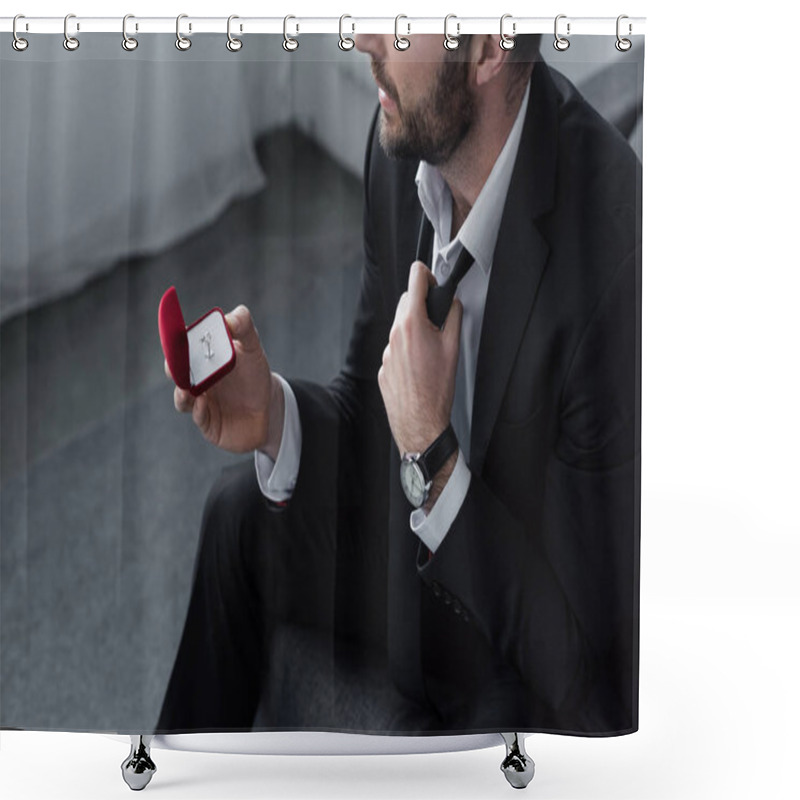 Personality  High Angle View Of Sitting Man In Suite Holding Red Gift Box With Ring Shower Curtains