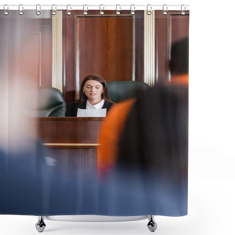 Personality  Prosecutor Reading Lawsuit Near Accused African American Man And Jurors On Blurred Background Shower Curtains