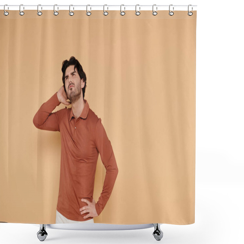 Personality  A Young Handsome Brunette Man Stands In A Thoughtful Pose, Reflecting A Mix Of Style And Charisma. Shower Curtains