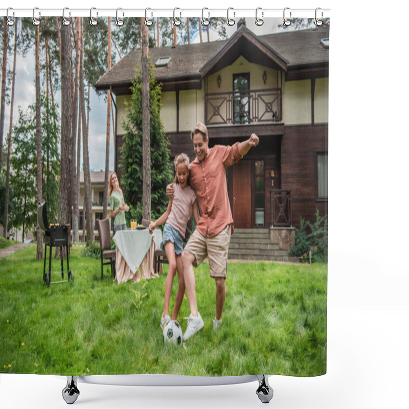 Personality  Smiling Father Hugging Kid While Playing Football Outdoors  Shower Curtains