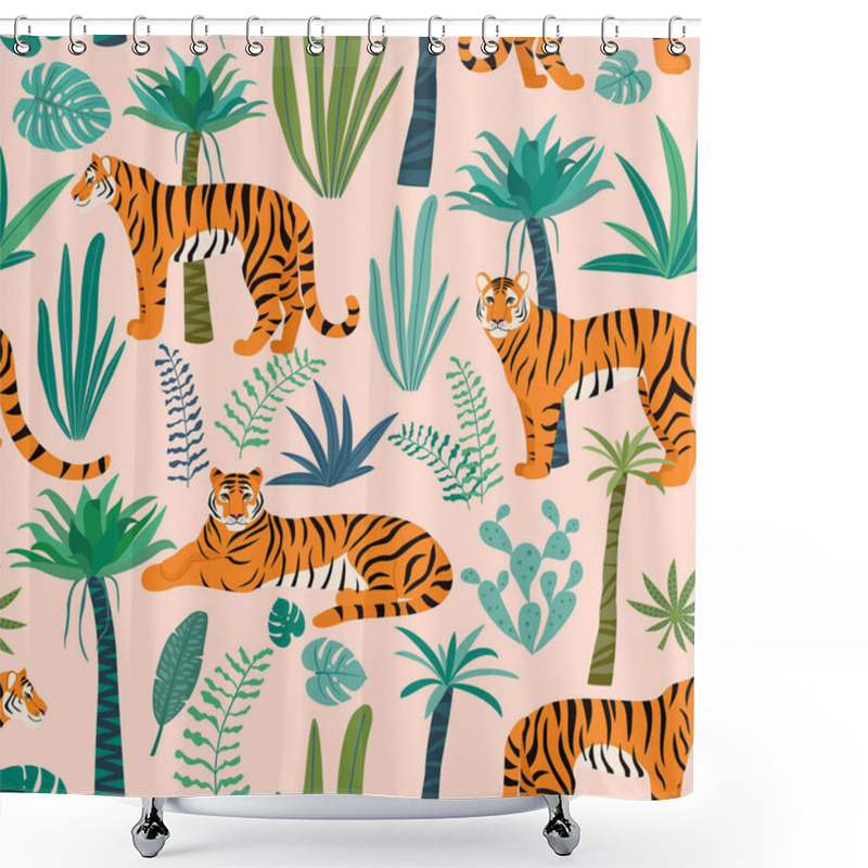 Personality  Tiger Pattern With Tropical Leaves. Vector Seamless Texture. Shower Curtains