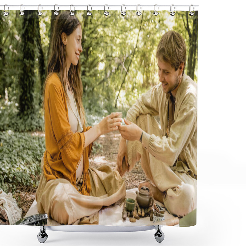 Personality  Smiling Pregnant Woman Holding Bowl Near Husband During Tea Ceremony In Forest  Shower Curtains