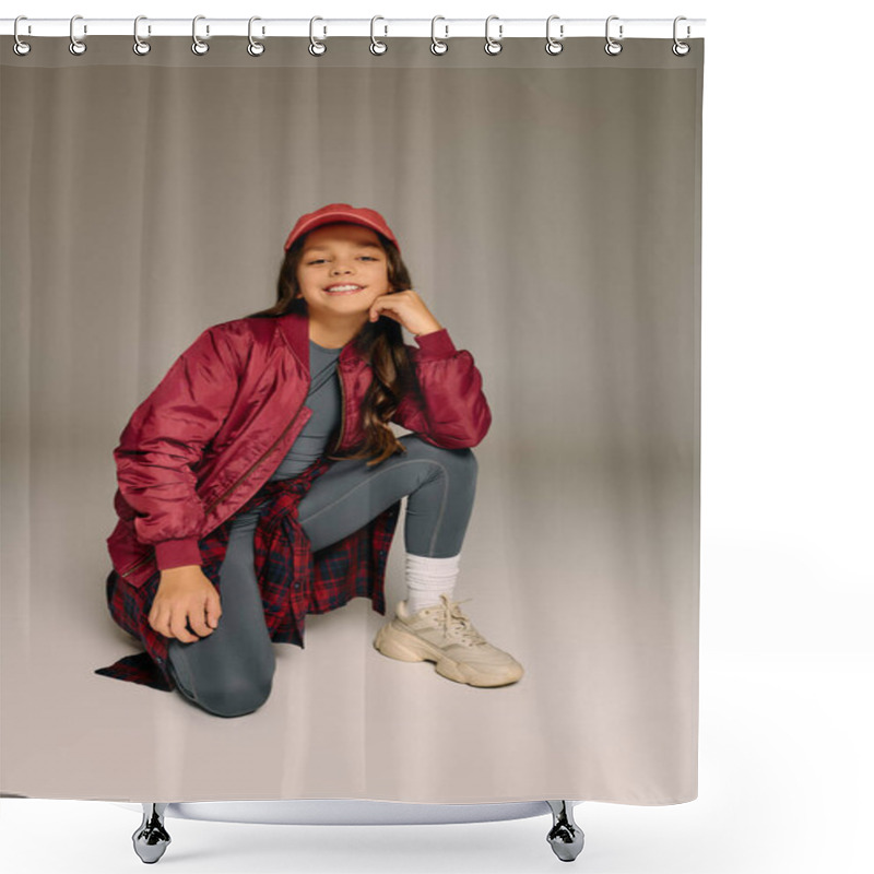 Personality  A Little Girl In A Festive Outfit Smiles Brightly While Kneeling On A Smooth Surface. Shower Curtains