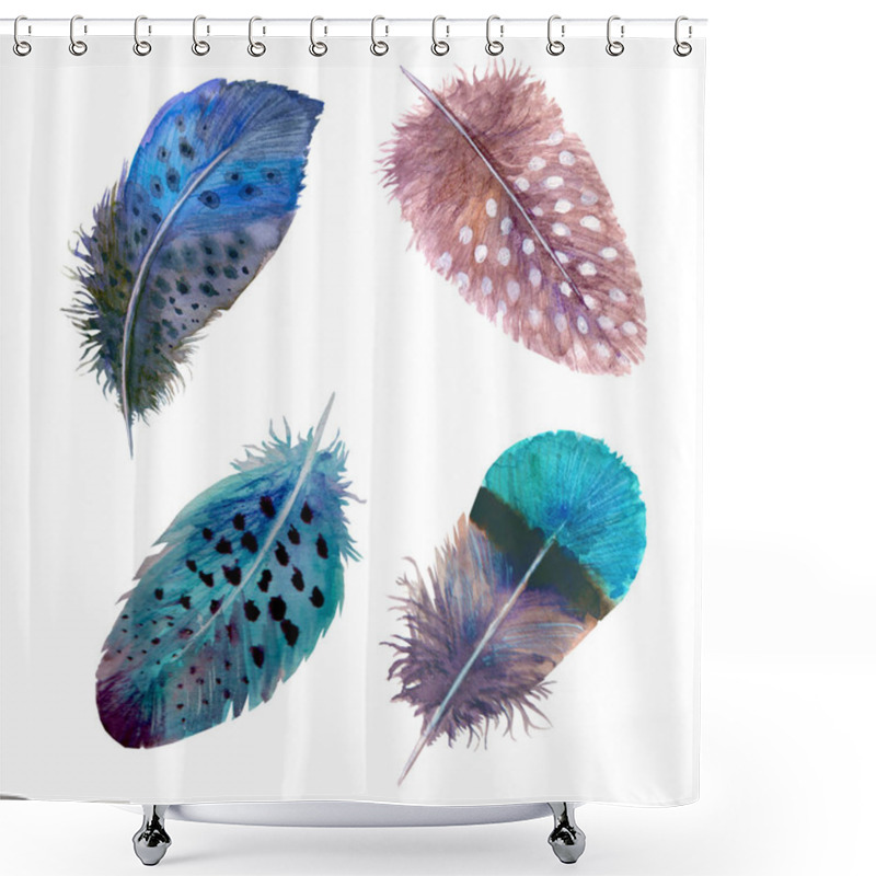 Personality  Watercolor Feathers Set Isolated On White. Hand Drawn Watercolour Bird Feather Vibrant Boho Style Bright Illustration. Print Design For T-shirts, Invitation, Wedding Card. Shower Curtains