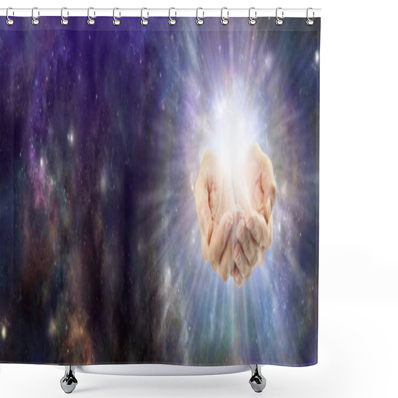 Personality  Channeling Divine Intelligence  Healing Vibes Bringing Light Into The Darkness - Female Cupped Hands Holding Starlight Energy Against Dark Night Deep Space Background And And Copy Space For Message Shower Curtains