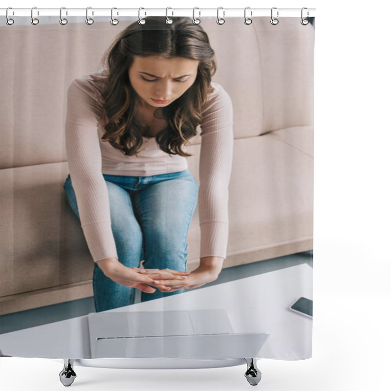 Personality  High Angle View Of Woman With Wrist Pain Stretching Hands While Using Laptop At Home Shower Curtains