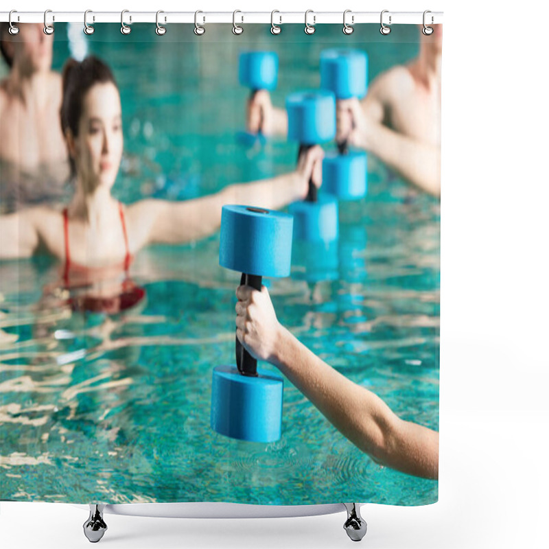 Personality  Selective Focus Of Trainer With Barbell Working Out With People In Swimming Pool Shower Curtains