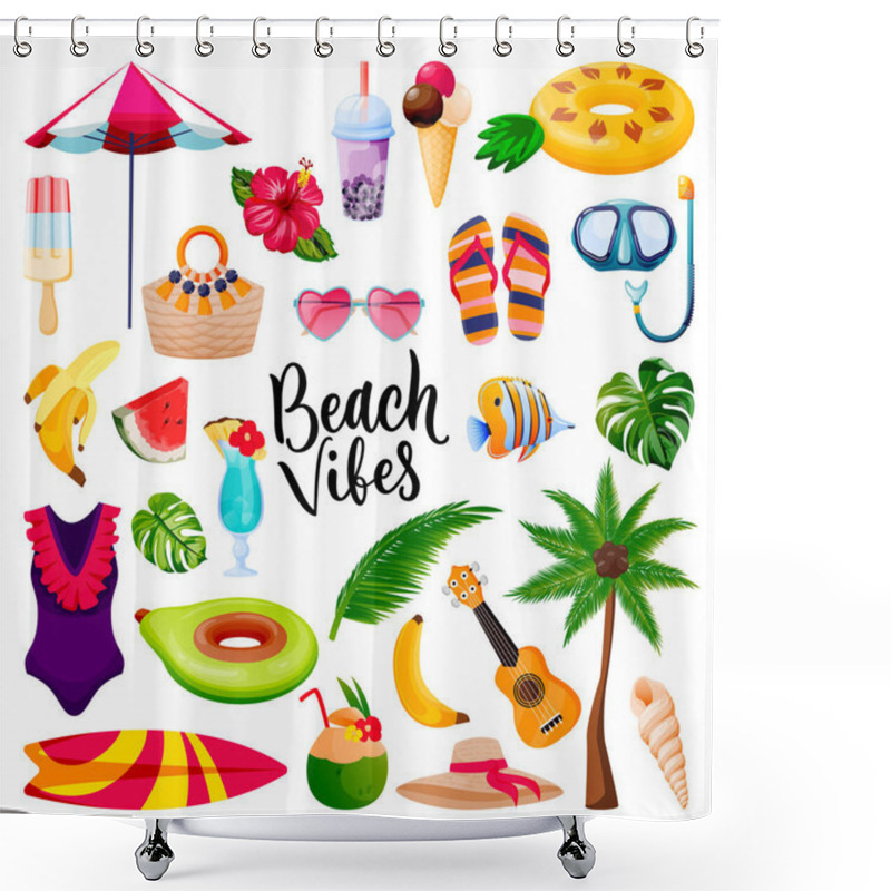 Personality  Beach Vibes Calligraphy Lettering, Summer Travel And Tropical Design Elements Set. Vacation Holiday Icons, Isolated On White Background. Vector Flat Cartoon Fun Cute Illustration. Shower Curtains