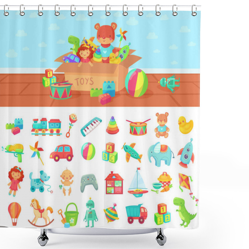 Personality  Cartoon Toys. Vector Set Of Kids Play, Block And Doll Shower Curtains