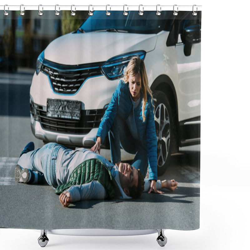 Personality  Young Woman Looking At Victim Of Traffic Collision Lying On Road Shower Curtains