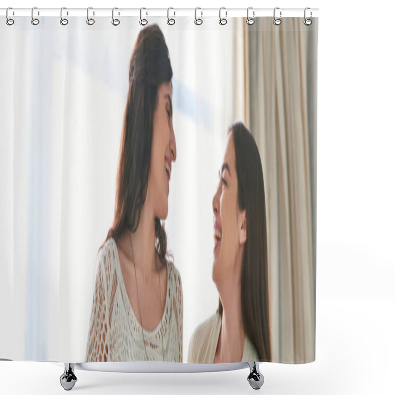 Personality  Beautiful Lesbian Couple Looking And Smiling Lovingly And Warmly At Each Other, Ivf Concept Shower Curtains